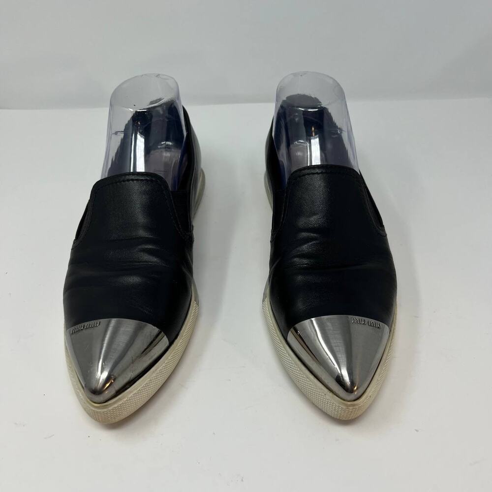 Miu Miu Loafers Women's 38.5 Black Leather Silver Toe Cap Slip On Luxury Shoes - Picture 5 of 16
